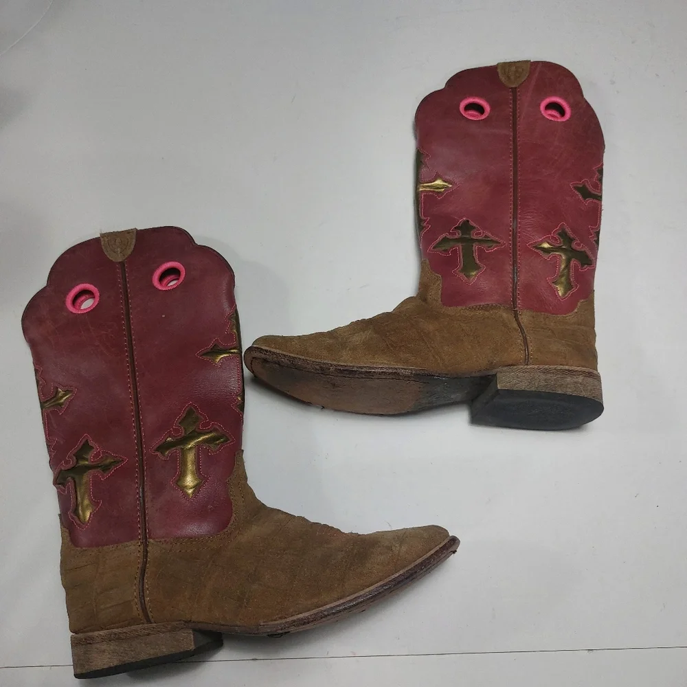ARIAT Girls Pink and Brown Leather Slip-on Boots Size 3